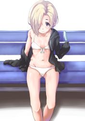 Rule 34 | 10s, 1girl, arm support, bags under eyes, bare legs, bench, bikini, black jacket, blonde hair, breasts, closed mouth, collarbone, ear piercing, food, from above, front-tie bikini top, front-tie top, groin, hair over one eye, holding, idolmaster, idolmaster cinderella girls, jacket, jacket over swimsuit, looking at viewer, navel, off shoulder, panties, piercing, popsicle, red eyes, ribs, shirasaka koume, short eyebrows, short hair, sitting, sleeves past wrists, small breasts, smile, solo, spaghetti strap, sweat, swimsuit, underwear, white background, white bikini, yamaya oouemon