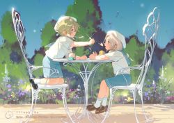 Rule 34 | 2boys, aged down, bare arms, black footwear, blonde hair, blue ribbon, blue shorts, bob cut, brown footwear, bush, chair, child, crossed ankles, day, ensemble stars!, feeding, flower, food, from behind, glint, hat, holding, holding spoon, ice cream, kneeling, light particles, long hair, male focus, multiple boys, on chair, open mouth, outdoors, outstretched arms, profile, purple eyes, ran nagisa, red eyes, ribbon, rrr (reason), sailor collar, sailor hat, sailor shirt, shirt, shoes, short hair, short sleeves, shorts, sitting, socks, soft serve, spoon, table, tomoe hiyori, watermark, web address, white headwear, white legwear, white shirt, wind