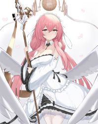 Rule 34 | 1girl, absurdres, azur lane, bare shoulders, breasts, cleavage, dress, feathered wings, frilled dress, frills, hair between eyes, highres, holding, holding staff, kesseil, large breasts, long hair, pantyhose, perseus (azur lane), pink eyes, pink hair, see-through, simple background, solo, staff, very long hair, white background, white dress, white pantyhose, white wings, wings