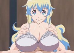 Rule 34 | 1boy, 1girl, animated, animated gif, blue eyes, bra, breasts, breasts squeezed together, choker, collarbone, dr.korr, huge breasts, long hair, looking at viewer, multicolored hair, nia teppelin, paizuri, penis, pov, smile, symbol-shaped pupils, tengen toppa gurren lagann, uncensored, underwear, unusual pupils, very long hair, white bra