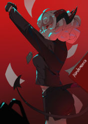 Rule 34 | 1girl, absurdres, black gloves, blouse, business suit, character name, coffee cup, coffee mug, cup, demon girl, demon tail, disposable cup, falling, formal, glasses, gloves, helltaker, highres, horns, li-mi, looking at viewer, lying, mug, on side, pandemonica (helltaker), paper, pencil skirt, pointy ears, red background, red eyes, red shirt, shirt, skier, skirt, solo, suit, tail