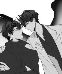 Rule 34 | 2boys, collared shirt, crossed arms, face-to-face, greyscale, hand on another&#039;s shoulder, highres, horns, jacket, kim dokja, long sleeves, looking at another, male focus, monochrome, multiple boys, omniscient reader&#039;s viewpoint, open clothes, open jacket, parted lips, shirt, short hair, simple background, upper body, white background, wings, yoo joonghyuk, yuugji
