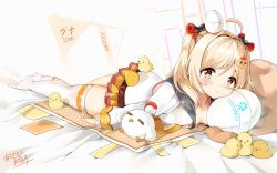 Rule 34 | &gt;:t, 1girl, :t, animal hair ornament, artist name, asahi kuroi, bed sheet, bird, blonde hair, blush, borrowed character, breasts, brown eyes, character name, chick, chicken, closed mouth, egg, egg hair ornament, food-themed hair ornament, hair ornament, head rest, highres, hood, hoodie, lying, on stomach, open clothes, open hoodie, original, pleated skirt, pout, sidelocks, signature, skirt, small breasts, solo, thick eyebrows, thighhighs, thighs, towel, two side up, v-shaped eyebrows, white thighhighs, yellow skirt