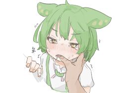 Rule 34 | 1girl, blush, finger in another&#039;s mouth, green hair, highres, medium hair, open mouth, out of frame, quiteafew, short sleeves, simple background, solo focus, tearing up, tears, translated, upper body, voiceroid, white background, yellow eyes, zundamon