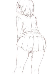 Rule 34 | 1girl, ass, bent over, between legs, from behind, greyscale, grin, hand between legs, highres, jacket, long sleeves, looking at viewer, looking back, monochrome, niwatazumi, original, pleated skirt, short hair, sketch, skirt, smile, solo, thighs, white background