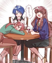 Rule 34 | 3girls, alcohol, blue hair, blush, blush stickers, brown hair, clenched hands, crossed arms, crying, cup, drinking glass, emphasis lines, hattori toko, head rest, highres, idolmaster, idolmaster cinderella girls, long hair, mifune miyu, multiple girls, on chair, pon (ponymmtknsk), ponytail, short hair, simple background, sitting, straight hair, table, tears, translation request, twitter username, very long hair, wakui rumi, wine, wine glass, wooden table