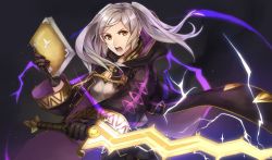 Rule 34 | 1girl, breasts, cape, electricity, fire emblem, fire emblem awakening, fire emblem heroes, gloves, hood, kamu (kamuuei), long hair, looking at viewer, medium breasts, nintendo, open mouth, robe, robin (female) (fire emblem), robin (fire emblem), solo, twintails, weapon, white hair