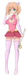 Rule 34 | 1girl, bare shoulders, blonde hair, blue eyes, blush, bow, breasts, center opening, clothing cutout, covered erect nipples, detached sleeves, female focus, gluteal fold, hair bow, heart, heart cutout, highres, jewelry, large breasts, legs, long hair, looking at viewer, magical girl, microskirt, nipples, numeko, original, panties, pink panties, skirt, smile, solo, standing, thighhighs, thighs, twintails, underwear, wand