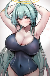 Rule 34 | 1girl, absurdres, abydos high school swimsuit, ahoge, aqua hair, armpits, arms up, bandaid, bandaid on arm, blue archive, blue one-piece swimsuit, blush, breasts, cleavage, collarbone, competition school swimsuit, covered navel, hair intakes, halo, highres, huge ahoge, huge breasts, large breasts, long hair, looking at viewer, murabito c, one-piece swimsuit, school swimsuit, simple background, solo, sweat, swimsuit, very long hair, white background, yume (blue archive)