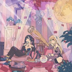 Rule 34 | 2girls, basket, black hair, blonde hair, breasts, chair, cleavage, closed mouth, coffee table, cookie, couch, crossed legs, cup, curtains, elbow rest, eyepatch, fischl (genshin impact), food, full body, genshin impact, holding, holding cup, kyouyasai4423, leotard, long hair, looking up, lounge chair, medium breasts, mona (genshin impact), multiple girls, no headwear, pantyhose, pitcher (container), plant, plate, potted plant, relaxing, sitting, smile, table, telescope, thighhighs, twintails