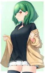 Rule 34 | 1girl, :o, black shirt, black skirt, border, breasts, brown eyes, cardigan, collared shirt, earrings, from side, green background, hair behind ear, highres, jewelry, kitakoji hisui, large breasts, nichijo, nijisanji, open mouth, outside border, shirt, skirt, solo, surprised, thighhighs, undressing, virtual youtuber, white border
