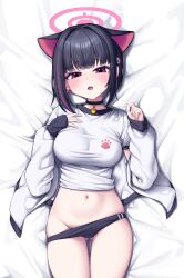 Rule 34 | 1girl, absurdres, animal ears, bed sheet, black buruma, black choker, black hair, blue archive, blush, breasts, buruma, buruma lift, cat choker, cat ears, choker, clothes lift, colored inner hair, extra ears, gluteal fold, groin, gym uniform, hair intakes, hair ornament, hairclip, halo, highres, incredibly absurdres, jacket, kazusa (blue archive), korean commentary, large breasts, long sleeves, looking at viewer, lying, medium hair, metaljelly, multicolored hair, navel, on back, open clothes, open jacket, open mouth, paw print, pink eyes, pink hair, pink halo, print shirt, shirt, shirt lift, short sleeves, sleeves past wrists, solo, stomach, streaked hair, teeth, thighs, two-tone hair, upper teeth only, white jacket, white shirt
