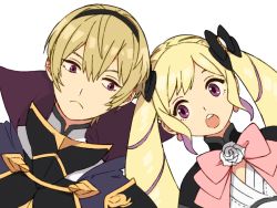 Rule 34 | 1boy, 1girl, :o, ai-wa, black bow, black hairband, black jacket, blonde hair, bow, brother and sister, cape, closed mouth, elise (fire emblem), eyebrows hidden by hair, fire emblem, fire emblem fates, flower, hair between eyes, hair bow, hairband, jacket, leo (fire emblem), light frown, long hair, multicolored hair, nintendo, open mouth, pink bow, purple cape, purple eyes, purple hair, rose, shirt, siblings, simple background, streaked hair, teeth, turtleneck, twintails, upper teeth only, white background, white flower, white rose, white shirt