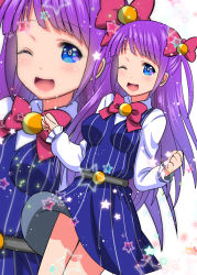 Rule 34 | 1girl, ;d, ai wa muteki, blue dress, blue eyes, blush, bow, bowtie, cowboy shot, dress, hair bow, kaguya madoka, long hair, looking at viewer, one eye closed, open mouth, pink bow, precure, purple hair, simple background, smile, solo, star (symbol), star twinkle precure, striped clothes, striped dress, vertical-striped clothes, vertical-striped dress, white background, wind, wind lift, zoom layer