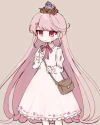 Rule 34 | 1girl, bird, brown background, brown bag, closed mouth, collared dress, commentary request, cowboy shot, dress, flat chest, hoshizuki sakusa, lace, lace-trimmed dress, lace trim, long hair, long sleeves, neck ribbon, nest, nest on head, no nose, original, pink eyes, pink hair, pink ribbon, ribbon, simple background, solo, white dress