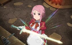 Rule 34 | 1girl, apron, bow, bowtie, closed mouth, frilled skirt, frills, from above, hair ornament, hairclip, hammer, holding, holding sword, holding weapon, indoors, lisbeth (sao), long sleeves, miniskirt, pink hair, red bow, red bowtie, red eyes, red skirt, red sleeves, short hair, skirt, smile, solo, standing, striped bow, striped bowtie, striped clothes, swept bangs, sword, sword art online, waist apron, weapon, white apron