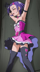 Rule 34 | 1girl, against wall, armband, armpits, arms up, bare shoulders, belt, black gloves, black thighhighs, boots, bow, choker, dokidoki! precure, dress, earrings, closed eyes, flat chest, frilled dress, frills, gloves, hair ornament, hairclip, haruyama kazunori, heart, heart hair ornament, jewelry, kenzaki makoto, open mouth, precure, purple hair, short hair, solo, thigh boots, thighhighs