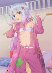 Rule 34 | 1girl, belt, blue eyes, bousouzoku, bow, breasts, candy, chest sarashi, clothes writing, collarbone, cowboy shot, delinquent, eromanga sensei, food, food in mouth, gradient hair, hair bow, heart, highres, holding, holding food, indoors, izumi sagiri, lollipop, long hair, looking at viewer, misashi (raichi821), multicolored hair, pants, pink hair, pink pants, sarashi, sidelocks, single bare shoulder, small breasts, solo, standing, stomach, white belt