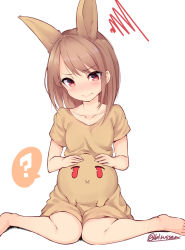 Rule 34 | 1girl, :&gt;, ?, animal ears, artist name, bare legs, barefoot, binsen, blush, breasts, brown hair, character request, check commentary, closed mouth, collarbone, commentary request, dot nose, dress, extra ears, eyelashes, eyes visible through hair, furrowed brow, hands on own stomach, hands up, head tilt, knees together feet apart, lips, long hair, looking down, original, pregnant, rabbit ears, red eyes, short sleeves, simple background, sitting, small breasts, solo, speech bubble, spoken question mark, squiggle, swept bangs, twitter username, wariza, white background, yellow dress