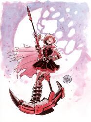 Rule 34 | 1girl, absurdres, ammunition belt, belt, black dress, black thighhighs, blush, boots, cape, closed eyes, crescent rose, dress, frilled dress, frills, hand on own hip, highres, holding, holding scythe, holding weapon, mike maihack, miniskirt, moon, painting (medium), pantyhose, red cape, ruby rose, rwby, scythe, short hair, skirt, solo, thighhighs, traditional media, watercolor (medium), weapon, zettai ryouiki