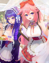 Rule 34 | 2girls, :d, alternate costume, apron, braid, dress, enmaided, food, frilled hairband, frills, genshin impact, hairband, highres, holding, holding plate, looking at viewer, low-braided long hair, low-tied long hair, maid, maid headdress, multiple girls, open mouth, pink eyes, pistachiocream, plate, purple eyes, purple hair, raiden shogun, single braid, smile, yae miko