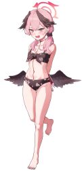 Rule 34 | 1boy, 1girl, absurdres, angel, angel wings, bare legs, barefoot, bikini, black bikini, black bow, black wings, blue archive, blush, bow, breasts, collarbone, fang, feathered wings, floral print, front-tie top, full body, halo, head wings, highres, koharu (blue archive), koharu (swimsuit) (blue archive), long hair, looking at viewer, low twintails, low wings, multicolored hair, official alternate costume, open mouth, pink eyes, pink hair, pink halo, print bikini, skin fang, small breasts, swimsuit, twintails, wavy mouth, white background, wings, yogu (user rxdx2445)