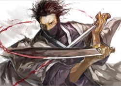 Rule 34 | 1boy, bad id, bad pixiv id, black hair, blade of the immortal, blood, dual wielding, fighting stance, gladius, holding, japanese clothes, magatsu taito, male focus, manly, mask, matsuba (idiotlantern), messy hair, mouth mask, pinky out, reverse grip, serious, short hair, short sword, solo, sword, weapon