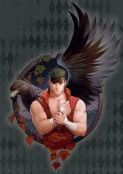 Rule 34 | 1boy, autumn leaves, bandaged arm, bandages, bara, bare shoulders, bird, black feathers, boyd (fire emblem), cropped torso, crow, feathers, fire emblem, fire emblem: radiant dawn, green hair, headband, highres, large pectorals, looking at viewer, male focus, muscular, muscular male, nintendo, pectoral cleavage, pectorals, saolin (wudangx), short hair, sideburns, sleeveless, smile, solo, wings