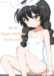 1girl, :o, absurdres, alternate hairstyle, artist name, bangs, black hair, blush, braid, breasts, brown eyes, character name, commentary, dated, english text, eyebrows visible through hair, girls und panzer, hair ribbon, hair tie, hair up, hairband, happy birthday, highres, ikuno (ramaki4kan), long hair, looking at viewer, one-piece swimsuit, parted lips, reizei mako, ribbon, sitting, small breasts, solo, swimsuit, twin braids, twintails, white background, white hairband, white ribbon, white swimsuit