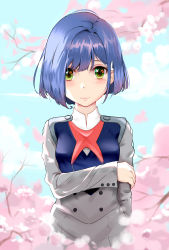 Rule 34 | 1girl, absurdres, arm at side, arm under breasts, black dress, blue hair, blush, bob cut, breasts, cherry blossoms, closed mouth, commentary, darling in the franxx, dress, duan qiao, falling petals, green eyes, grey dress, hair over one eye, hair strand, heart, heart-shaped pupils, highres, holding own arm, ichigo (darling in the franxx), light smile, looking at viewer, outdoors, petals, red neckwear, short hair, sky, small breasts, smile, solo, standing, symbol-shaped pupils, tree, uniform, upper body