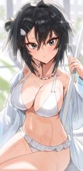 Rule 34 | 1girl, arknights, bare shoulders, bikini, black eyes, black hair, breasts, commentary request, hair between eyes, hand up, highres, horn/wood, jacket, la pluma (arknights), la pluma (summer flowers) (arknights), large breasts, long sleeves, looking at viewer, navel, off shoulder, official alternate costume, open clothes, open jacket, parted lips, short hair, solo, stomach, swimsuit, thighs, white bikini, white jacket