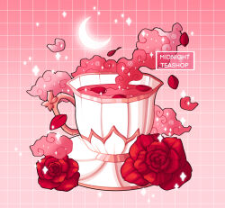 Rule 34 | absurdres, cloud, commentary, crescent moon, cup, english commentary, english text, flower, gradient background, grid background, highres, megan koch, moon, no humans, object focus, original, petals, red background, red flower, red rose, rose, rose petals, saucer, simple background, sparkle, steam, tea, teacup, watermark