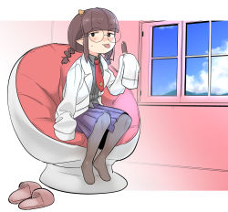 Rule 34 | 1girl, :p, black pantyhose, blue sky, blunt bangs, blush, braid, collared shirt, food, freckles, glasses, highres, indoors, jimiko, lab coat, looking at viewer, necktie, original, pantyhose, pleated skirt, pointy ears, popsicle, shirt, skirt, sky, sleeves past fingers, sleeves past wrists, slippers, unworn slippers, solo, sweatdrop, tongue, tongue out, tranqu color, twin braids, window