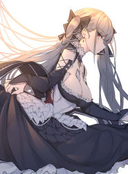 Rule 34 | 1girl, absurdres, azur lane, bare shoulders, breasts, cleavage, clothes lift, dress, flight deck, formidable (azur lane), frilled dress, frilled ribbon, frills, from side, grey hair, hair between eyes, hair ribbon, highres, jewelry, large breasts, lifting own clothes, long hair, long sleeves, looking at viewer, red eyes, ribbon, rigging, simple background, skirt, skirt lift, solo, twintails, two-tone dress, two-tone ribbon, very long hair, yanggang