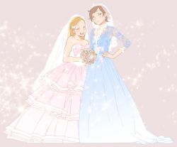 Rule 34 | 2girls, bare shoulders, blonde hair, blue dress, blush, bouquet, braid, bridal veil, brown eyes, brown hair, dress, earrings, closed eyes, facing viewer, flower, full body, hand on own hip, happy, height difference, highres, jewelry, kamizono chie, kishi torajirou, long hair, looking at viewer, matching hair/eyes, multiple girls, official art, okayama ai, otome no teikoku, pink dress, same sex marriage, short hair, smile, standing, veil, wedding dress, wife and wife, yuri