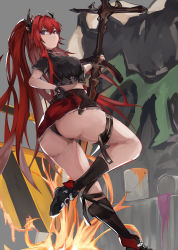 Rule 34 | 1girl, absurdres, arknights, artist request, ass, boots, breasts, female focus, from behind, from below, gloves, highres, horns, long hair, looking at viewer, miniskirt, purple eyes, red hair, skirt, solo, surtr (arknights), surtr (liberte echec) (arknights), sword, thigh strap, twintails, very long hair, weapon