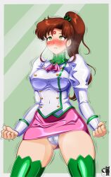 Rule 34 | 1girl, absurdres, agent aika, aika (series), ascot, bishoujo senshi sailor moon, black ascot, blank eyes, breasts, brown hair, buttons, cameltoe, collar, commentary, cosplay, crotch seam, delmogeny uniform, double-breasted, earrings, flower earrings, gluteal fold, green collar, green eyes, green footwear, highres, jacket, jewelry, juliet sleeves, kino makoto, legs, long hair, long sleeves, looking up, medium breasts, medium hair, panties, pantyshot, pencil skirt, pink ascot, pink skirt, ponytail, puffy sleeves, rosvo, sailor jupiter, skirt, solo, taut clothes, underwear, uniform, white delmo, white jacket