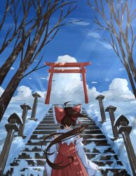 Rule 34 | 1girl, absurdres, bare tree, bow, brown hair, detached sleeves, from behind, hair bow, hakurei reimu, highres, nontraditional miko, ourie, red bow, red shirt, red skirt, shirt, skirt, sky, sleeveless, sleeveless shirt, snow, solo, stairs, torii, touhou, tree, wide sleeves