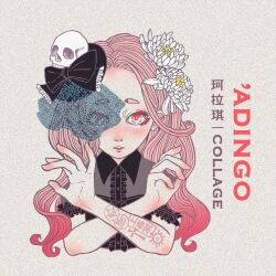 Rule 34 | 1girl, album cover, arm tattoo, black bow, black shirt, blush, bow, collage (band), collared shirt, cover, crossed arms, elbow blush, flower, frilled sleeves, frills, hair flower, hair ornament, long hair, looking at viewer, natsuko lariyod, one eye covered, open mouth, paper texture, pink eyes, pink hair, red hair, shirt, short sleeves, simple background, skull hair ornament, solo, tattoo, wavy hair, white flower, yellow background