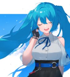 Rule 34 | 1girl, :d, black gloves, black skirt, blue hair, closed eyes, clothing cutout, collared shirt, commentary, day, dress shirt, english commentary, eyebrows hidden by hair, facing viewer, fhang, fingerless gloves, gloves, hair between eyes, hand up, hatsune miku, long hair, open mouth, pleated skirt, round teeth, shirt, short sleeves, shoulder cutout, skirt, smile, solo, teeth, twintails, upper teeth only, very long hair, vocaloid, white shirt
