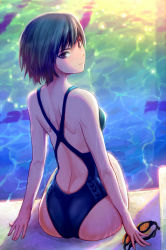 Rule 34 | 1girl, amagami, black hair, brown eyes, competition swimsuit, from behind, goggles, haitaka, looking back, md5 mismatch, nanasaki ai, one-piece swimsuit, pool, resized, resolution mismatch, short hair, sitting, solo, source larger, swimsuit, water
