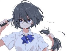 Rule 34 | 1girl, antenna hair, blue bow, blue bowtie, blue eyes, bow, bowtie, commentary, cutting hair, expressionless, glasses, grey hair, highres, holding, holding knife, holding own hair, knife, looking at viewer, matsuda hikari, original, rectangular eyewear, shirt, short hair, short sleeves, simple background, solo, upper body, white background, white shirt
