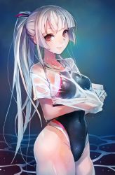 Rule 34 | 1girl, breasts, collarbone, covered navel, gradient background, groin, highres, hime cut, long hair, looking at viewer, md5 mismatch, medium breasts, one-piece swimsuit, original, ponytail, red eyes, resized, resolution mismatch, see-through, shirt, smile, solo, source larger, swimsuit, t-shirt, taishi (picchiridou), tsuru-chan, wet, white hair