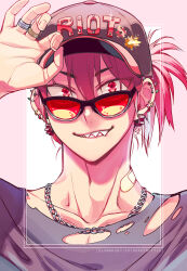 Rule 34 | 1boy, adjusting clothes, adjusting headwear, alternate costume, alternate hairstyle, arm up, bandaid, bandaid on neck, baseball cap, black-framed eyewear, boku no hero academia, chain necklace, character name, collarbone, commentary, ear piercing, earrings, english commentary, eyes visible through hair, fashion, gear earrings, grin, hair between eyes, hand on headwear, hat, highres, jewelry, kirishima eijirou, looking at viewer, lowah, male focus, multiple rings, necklace, piercing, pink background, red-tinted eyewear, red eyes, red hair, ring, scar, scar across eye, scar on face, shade, sharp teeth, shirt, short eyebrows, side ponytail, slit pupils, smile, solo, sparkle, spiked ear piercing, sticker, straight-on, sunglasses, teeth, tinted eyewear, torn clothes, torn shirt, tsurime, twitter username, two-tone background, upper body, v-shaped eyebrows, white background