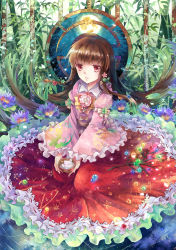 Rule 34 | 1girl, absurdres, bad id, bad pixiv id, bow, branch, brown hair, ekita kuro, floral print, flower, frills, full moon, hair flower, hair ornament, highres, houraisan kaguya, japanese clothes, jeweled branch of hourai, leaf, light particles, long hair, long skirt, long sleeves, lotus, moon, parted lips, red eyes, shirt, sitting, skirt, solo, touhou, wide sleeves