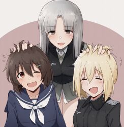 Rule 34 | +++, 3girls, absurdres, black jacket, black vest, blonde hair, blue dress, blue sailor collar, blush, brave witches, brown eyes, brown hair, closed eyes, dress, edytha rossmann, emu 1316, erica hartmann, flying sweatdrops, hair between eyes, hair ornament, hairclip, headpat, highres, jacket, karibuchi hikari, looking at another, medium hair, military uniform, multiple girls, neckerchief, one eye closed, open mouth, parted bangs, sailor collar, sailor dress, short hair, simple background, smile, strike witches, two-tone background, uniform, vest, white hair, white neckerchief, world witches series