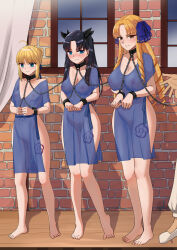 1boy 3girls ahoge artoria_pendragon_(fate) bare_shoulders barefoot bdsm black_hair blonde_hair blue_eyes bondage bound breasts chained_wrists collar collarbone dress fate/grand_order fate/stay_night fate_(series) hair_ribbon harem height_difference highres kakukanya large_breasts leash long_hair luviagelita_edelfelt medium_breasts multiple_girls nipples nude ponytail ribbon saber_(fate) see-through_clothes see-through_dress slave slave_auction small_breasts tohsaka_rin twintails window