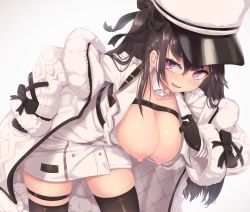 Rule 34 | 1girl, :d, azur lane, belt, black belt, black gloves, black hair, black ribbon, black thighhighs, blush, breasts, breasts out, buttons, cleavage, clothes pull, coat, coat dress, collar, collarbone, commentary, cowboy shot, detached collar, double-breasted, dress, dress pull, eyebrows hidden by hair, flirting, fur-trimmed coat, fur trim, gloves, hair between eyes, hair ribbon, hand on own hip, hanging breasts, hat, head tilt, highres, large breasts, leaning forward, long hair, long sleeves, looking at viewer, lower teeth only, moss (user srre5225), neckwear request, nipples, one side up, open mouth, padded coat, pamiat merkuria (azur lane), purple eyes, ribbon, russian clothes, sidelocks, simple background, skindentation, smile, smug, solo, standing, strap, teeth, thigh strap, thighhighs, white background, white coat, white dress, white hat, zettai ryouiki