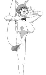 Rule 34 | animal ears, artist request, blush, breasts, censored, cum, cum in pussy, hair bun, huge breasts, monochrome, nipples, nude, penis, pussy, rabbit ears, sex, smile, standing, standing on one leg, stomach bulge, tagme