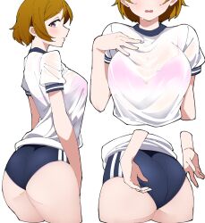Rule 34 | 1girl, adjusting clothes, ass, blush, bra, bra visible through clothes, breasts, brown hair, buruma, cleavage, commentary, commission, embarrassed, from behind, gym shirt, gym uniform, highres, koizumi hanayo, large breasts, liz (piyoko piyop), looking at viewer, love live!, love live! school idol project, multiple views, open mouth, pink bra, pink eyes, shirt, skeb commission, sweat, underwear, wet, wet clothes, wet shirt